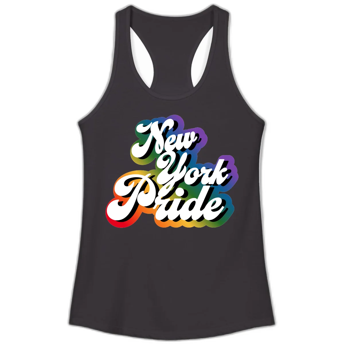 New York Pride retro design with bold white text and rainbow gradient background in pride colors in Black