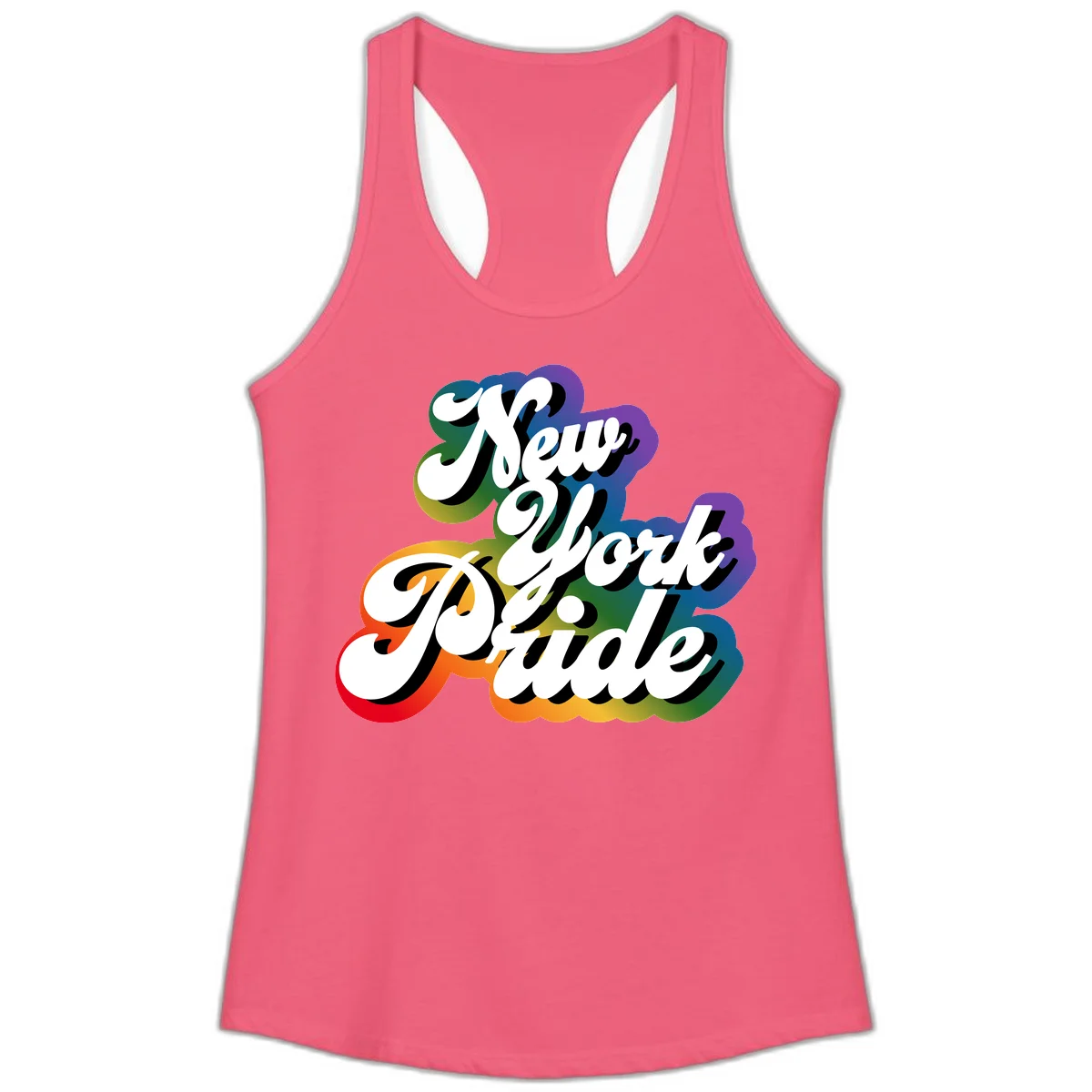 New York Pride retro design with bold white text and rainbow gradient background in pride colors in Hot Pink