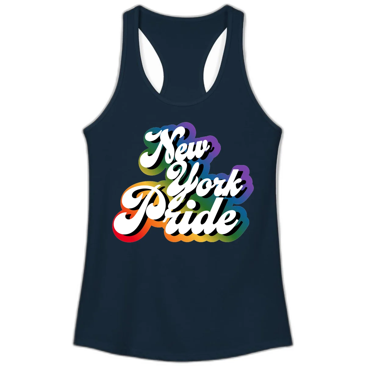 New York Pride retro design with bold white text and rainbow gradient background in pride colors in Solid Midnight Navy