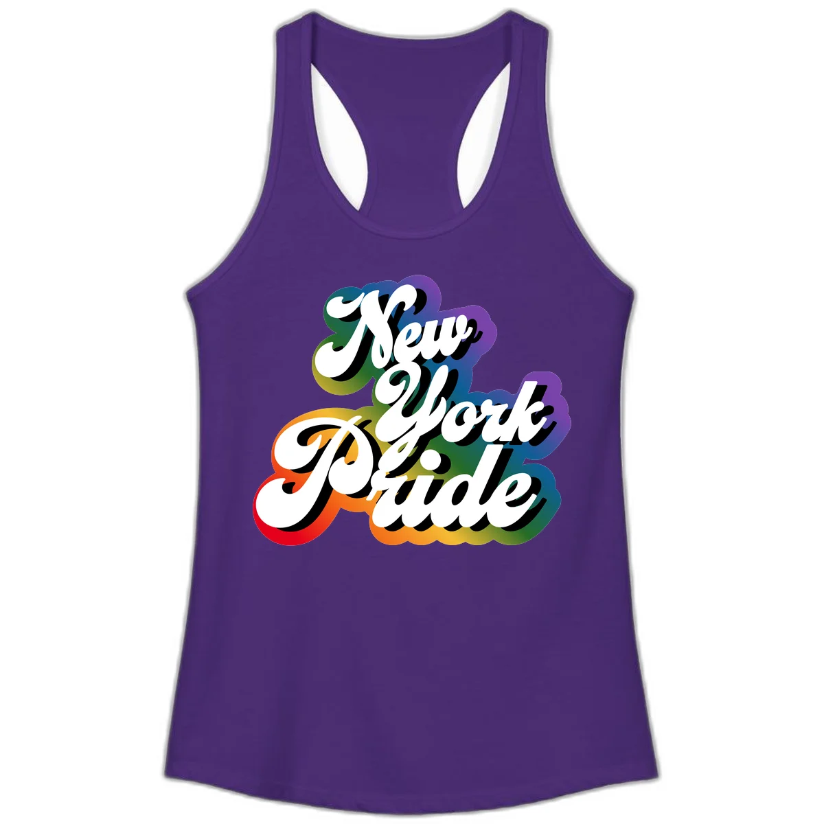 New York Pride retro design with bold white text and rainbow gradient background in pride colors in Solid Purple Rush