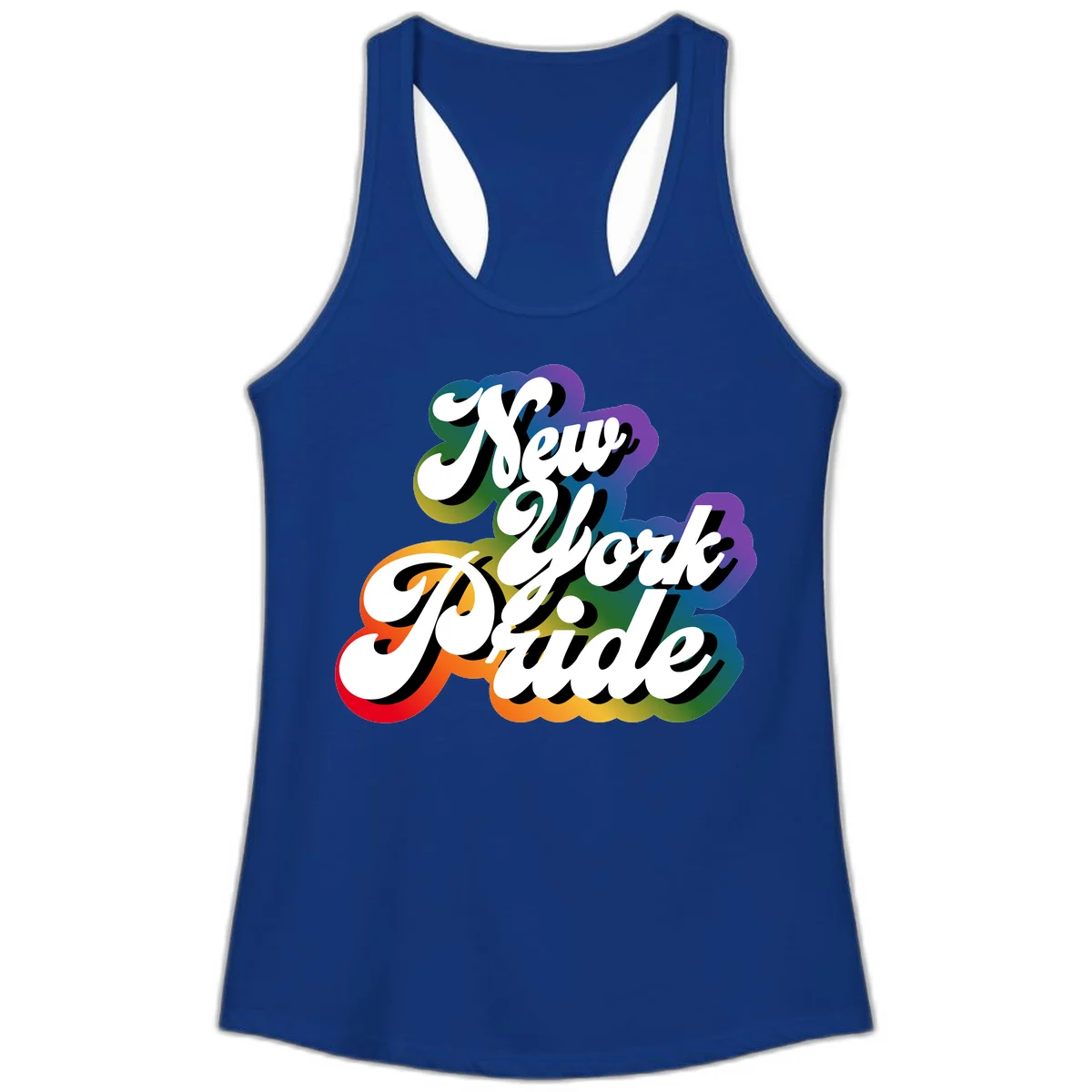 New York Pride retro design with bold white text and rainbow gradient background in pride colors in Solid Royal