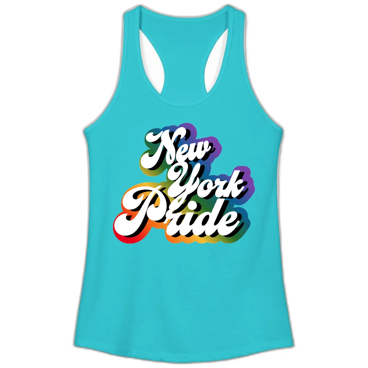 New York Pride retro design with bold white text and rainbow gradient background in pride colors in Solid Tahiti Blue