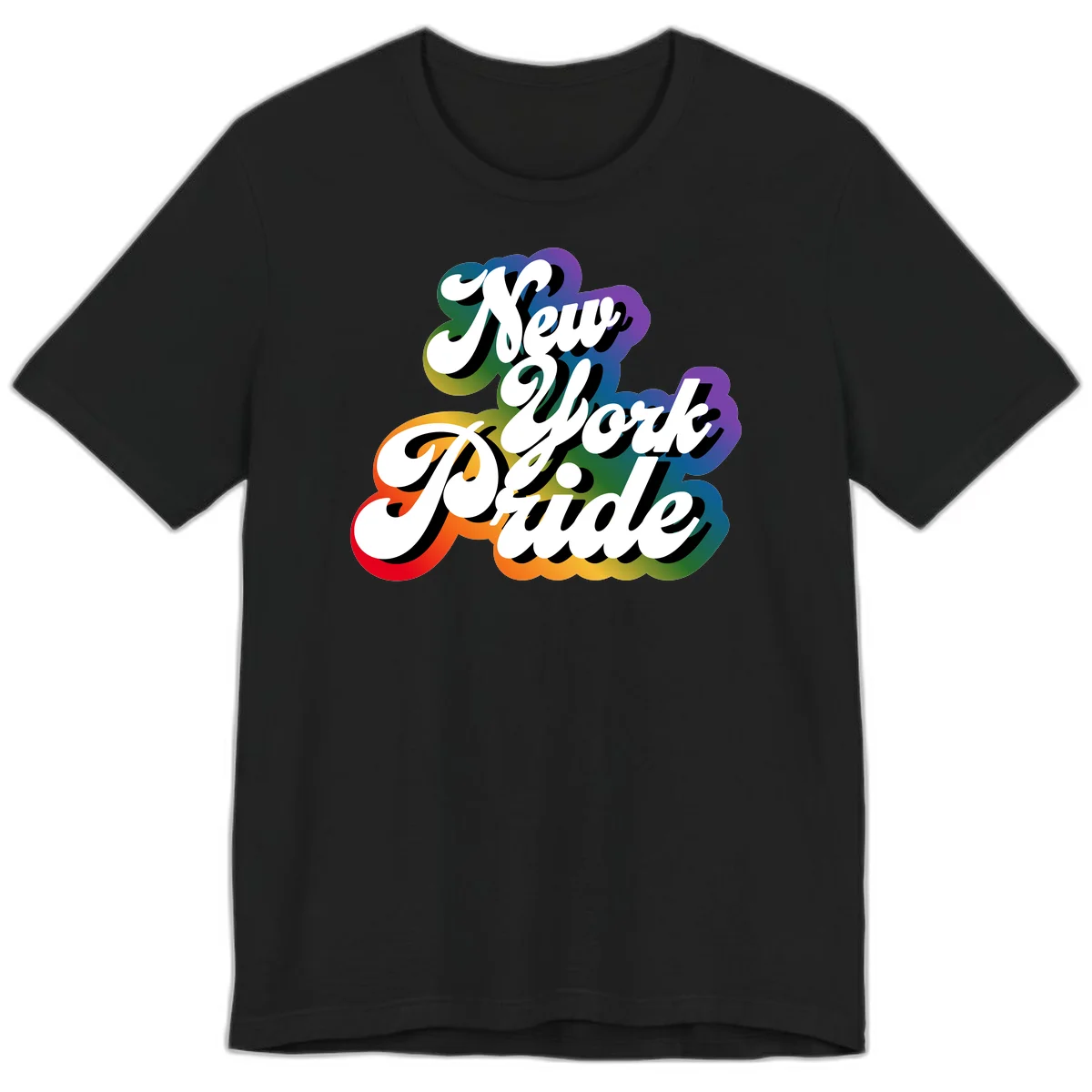 New York Pride retro design with bold white text and rainbow gradient background in pride colors in Black