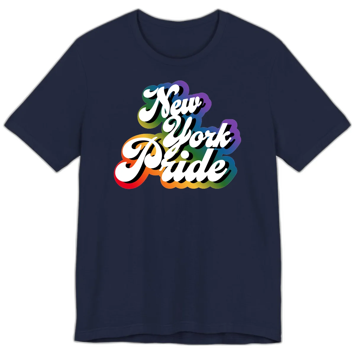 New York Pride retro design with bold white text and rainbow gradient background in pride colors in Navy