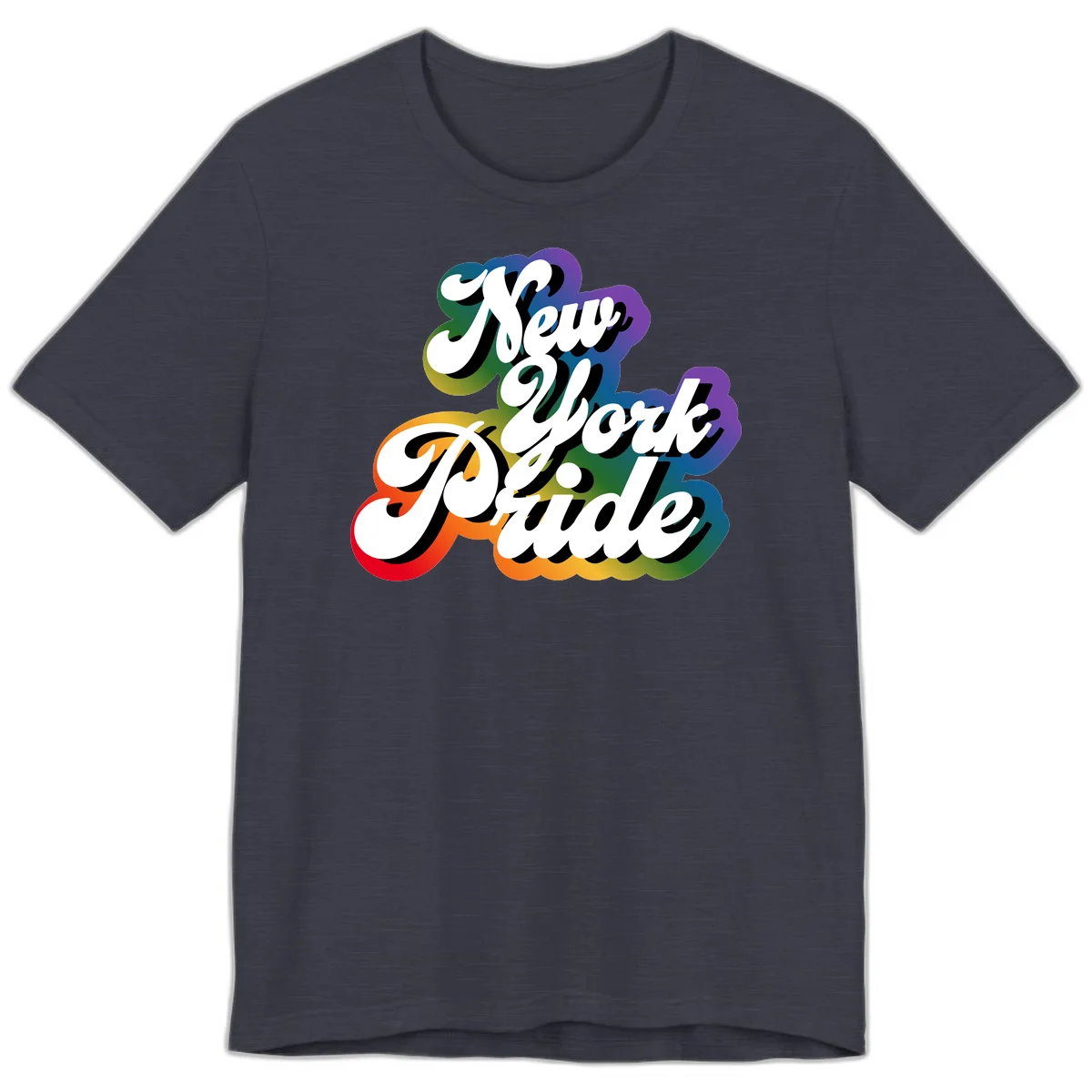 New York Pride retro design with bold white text and rainbow gradient background in pride colors in Heather Midnight Navy