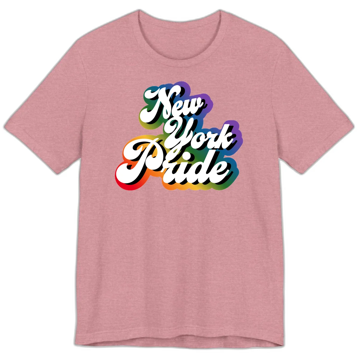 New York Pride retro design with bold white text and rainbow gradient background in pride colors in Heather Orchid