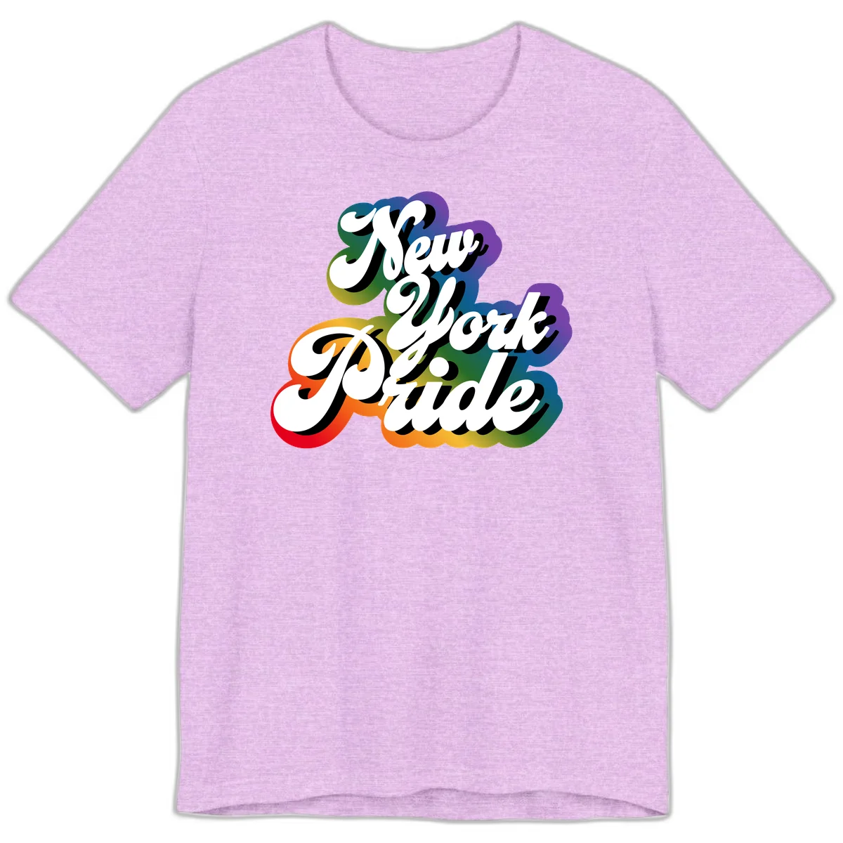New York Pride retro design with bold white text and rainbow gradient background in pride colors in Heather Prism Lilac