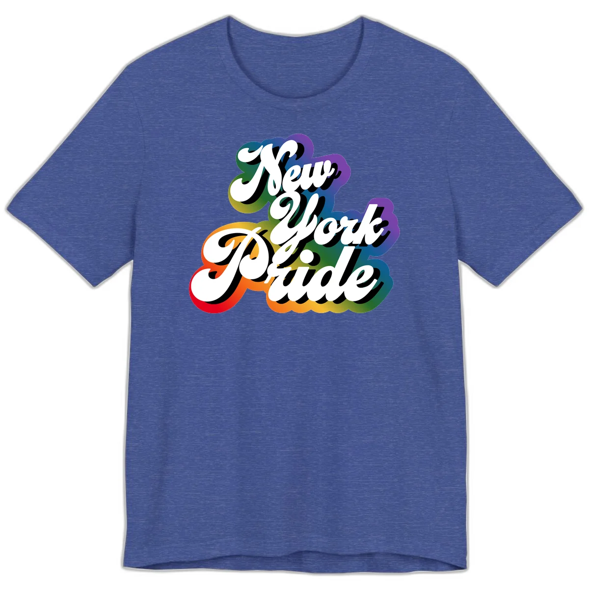 New York Pride retro design with bold white text and rainbow gradient background in pride colors in Heather True Royal