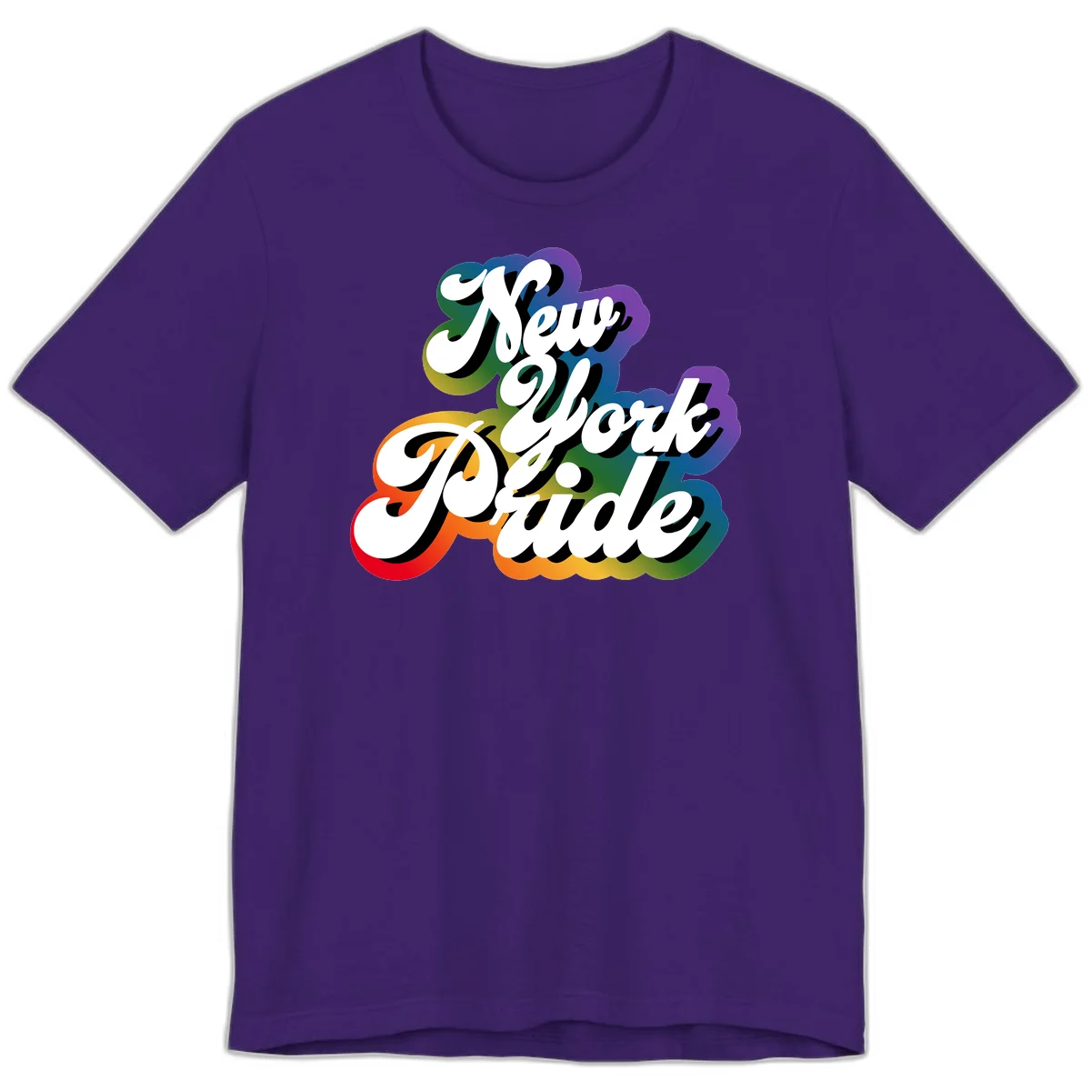 New York Pride retro design with bold white text and rainbow gradient background in pride colors in Team Purple