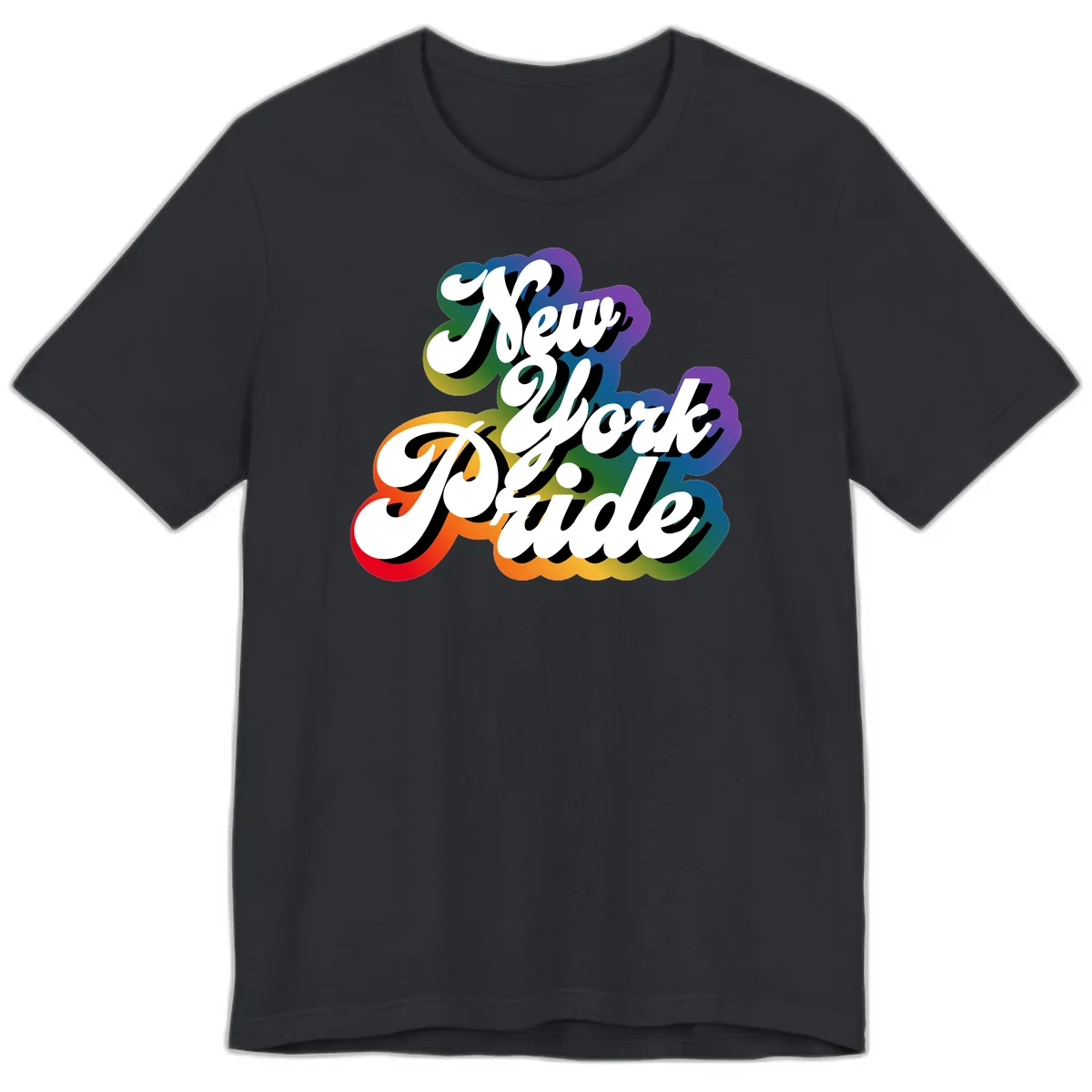 New York Pride retro design with bold white text and rainbow gradient background in pride colors in Vintage Black