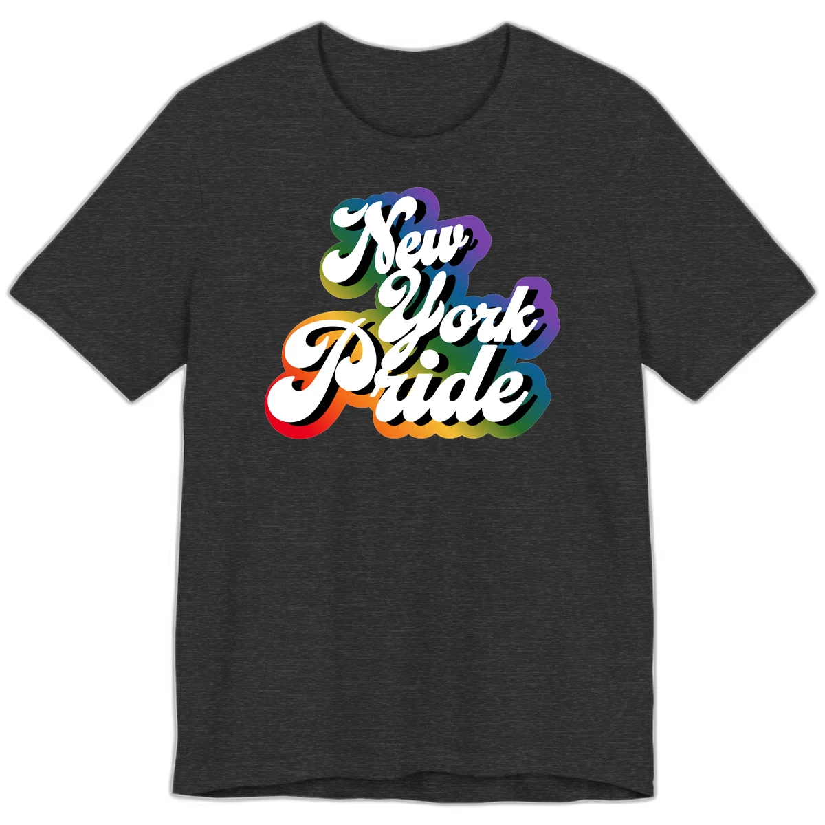 New York Pride retro design with bold white text and rainbow gradient background in pride colors in Dark Grey Heather