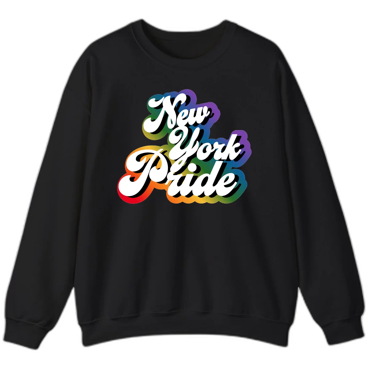 New York Pride retro design with bold white text and rainbow gradient background in pride colors in Black