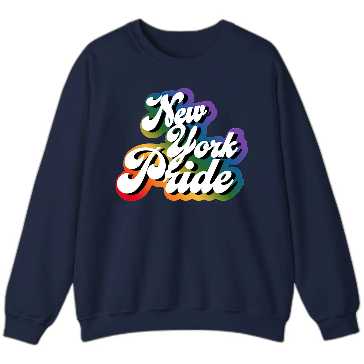 New York Pride retro design with bold white text and rainbow gradient background in pride colors in Navy