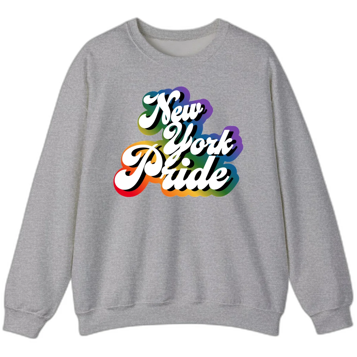 New York Pride retro design with bold white text and rainbow gradient background in pride colors in Sport Grey