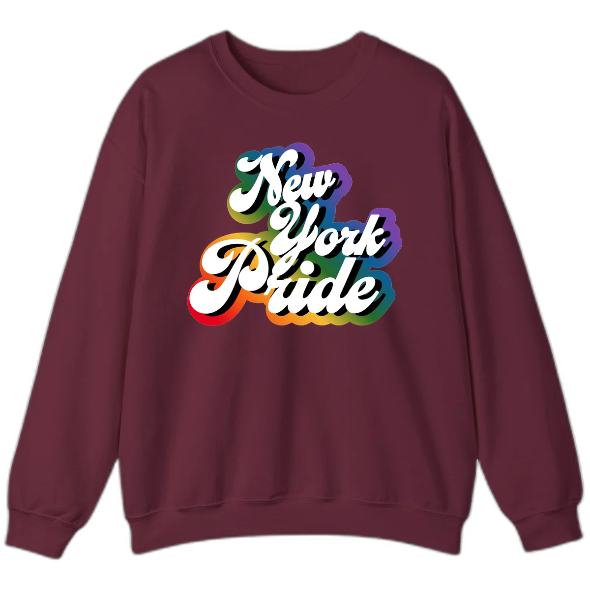 New York Pride retro design with bold white text and rainbow gradient background in pride colors in Maroon