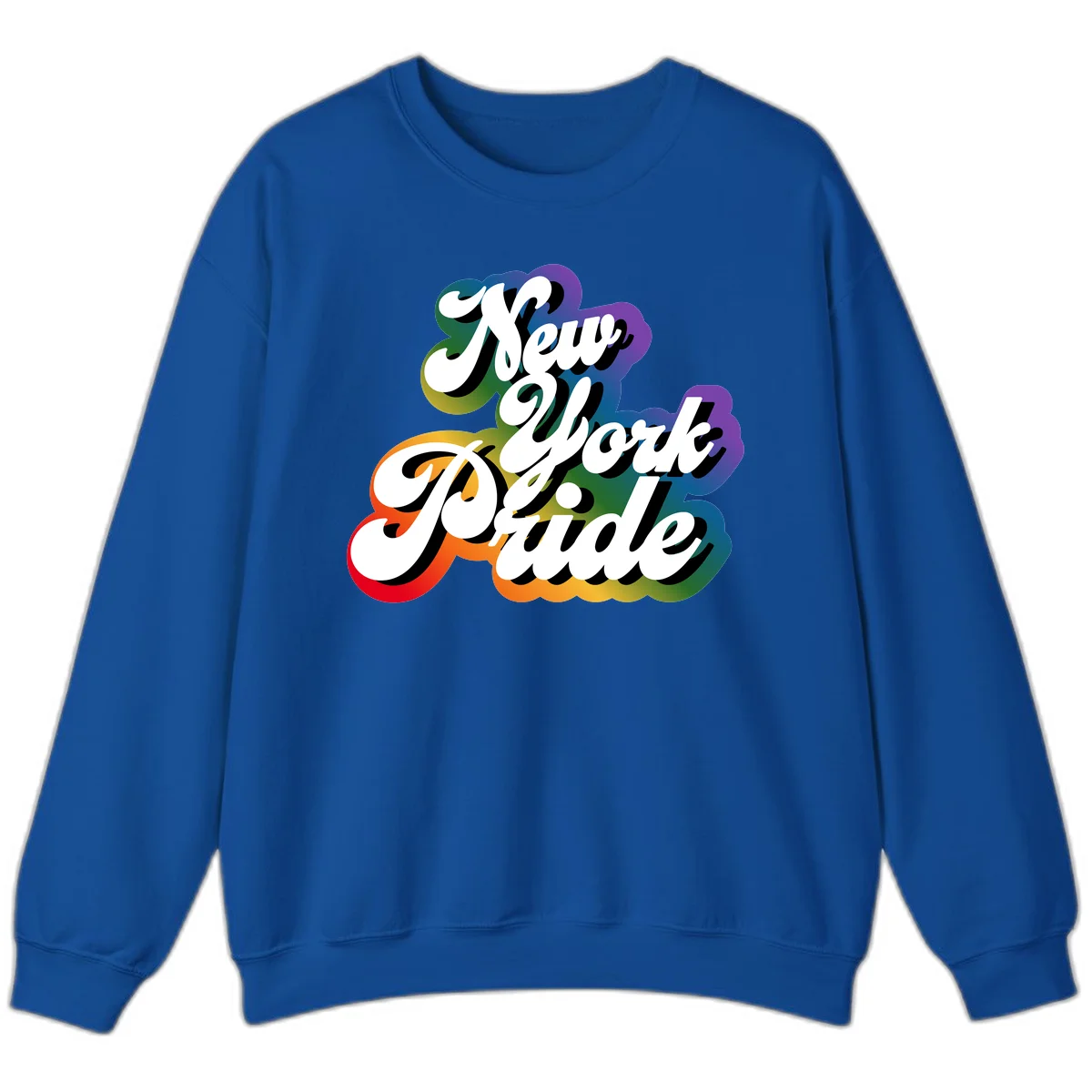 New York Pride retro design with bold white text and rainbow gradient background in pride colors in Royal