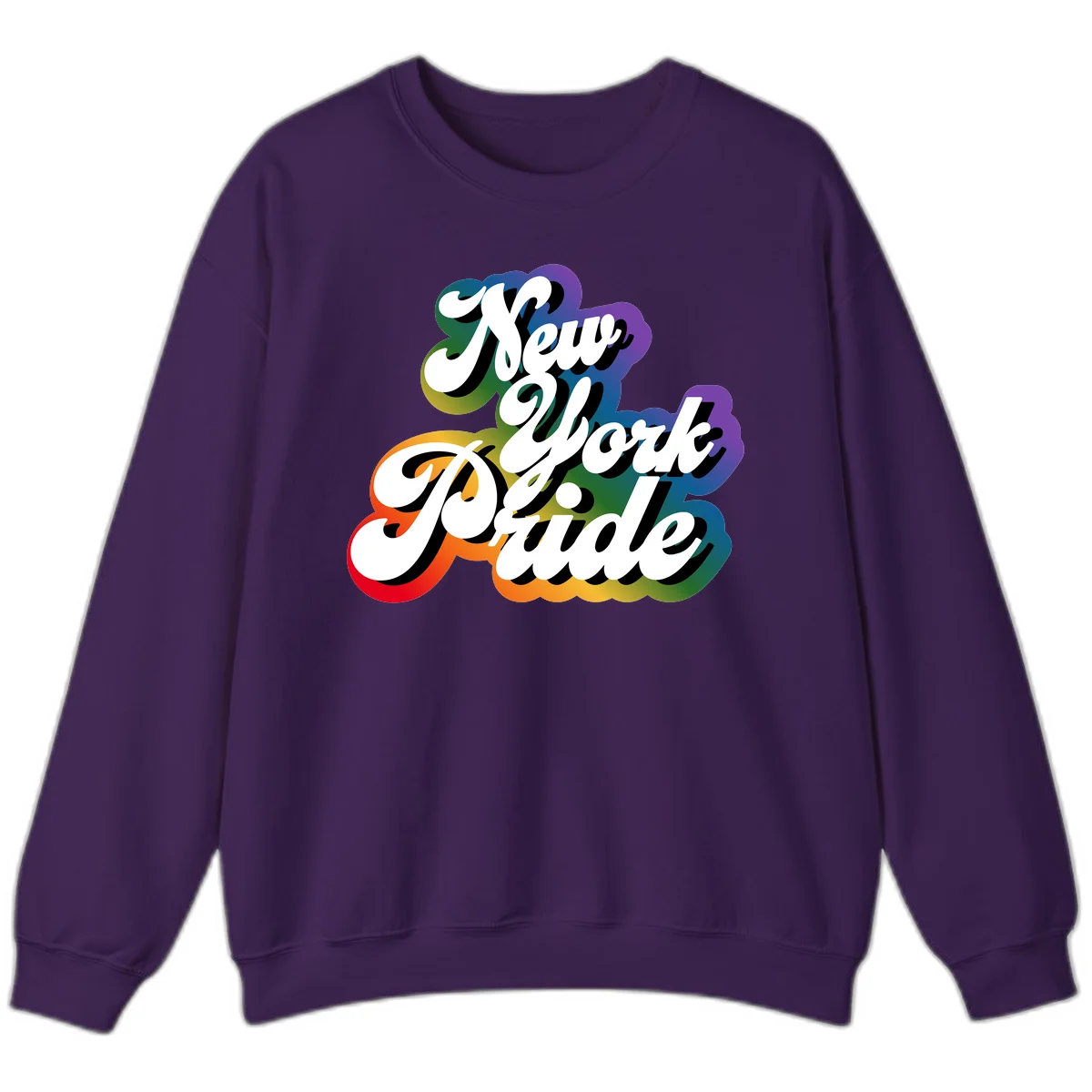New York Pride retro design with bold white text and rainbow gradient background in pride colors in Purple