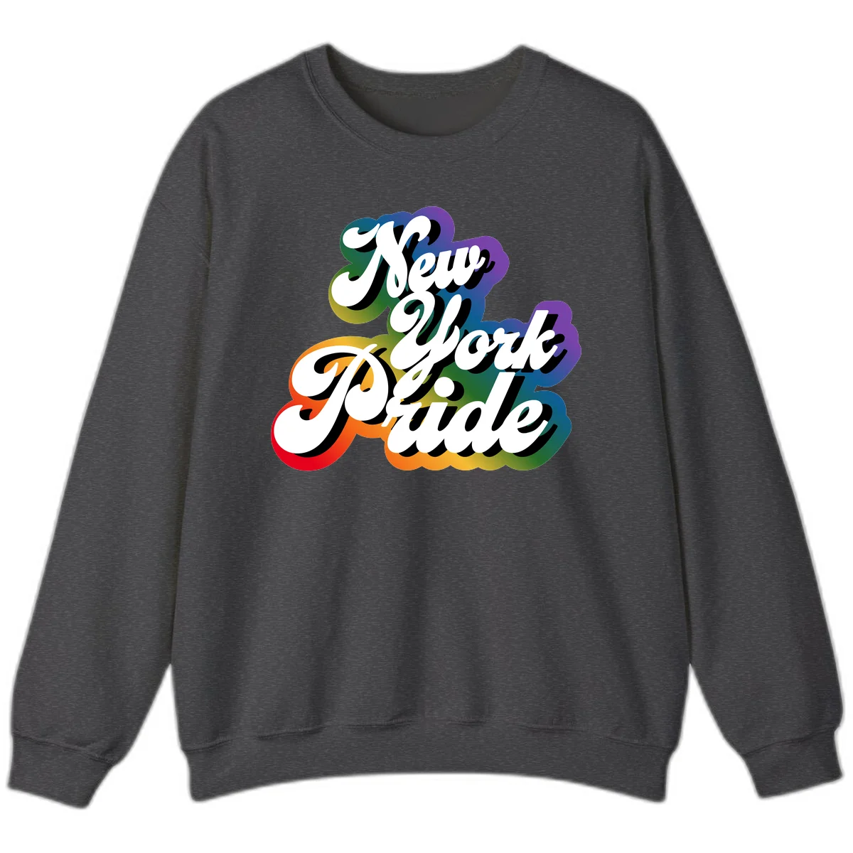 New York Pride retro design with bold white text and rainbow gradient background in pride colors in Dark Heather