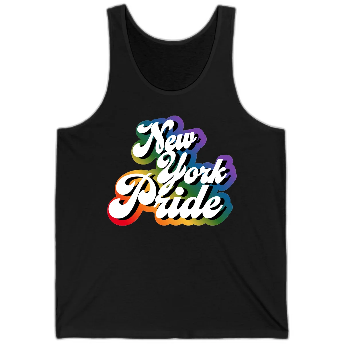 New York Pride retro design with bold white text and rainbow gradient background in pride colors in Black