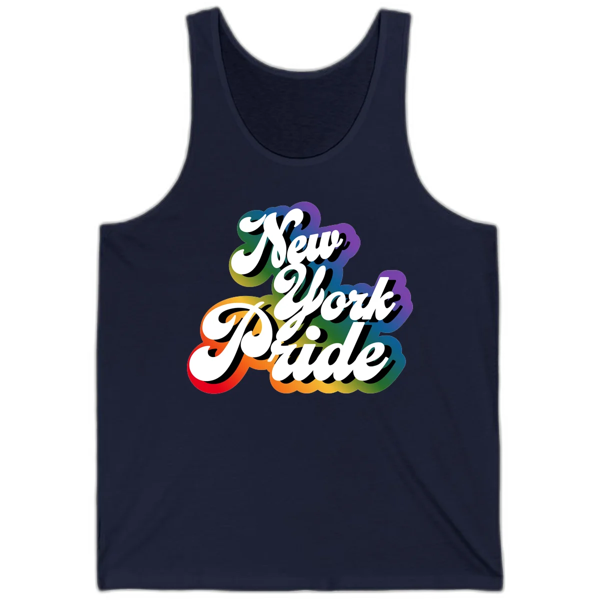 New York Pride retro design with bold white text and rainbow gradient background in pride colors in Navy