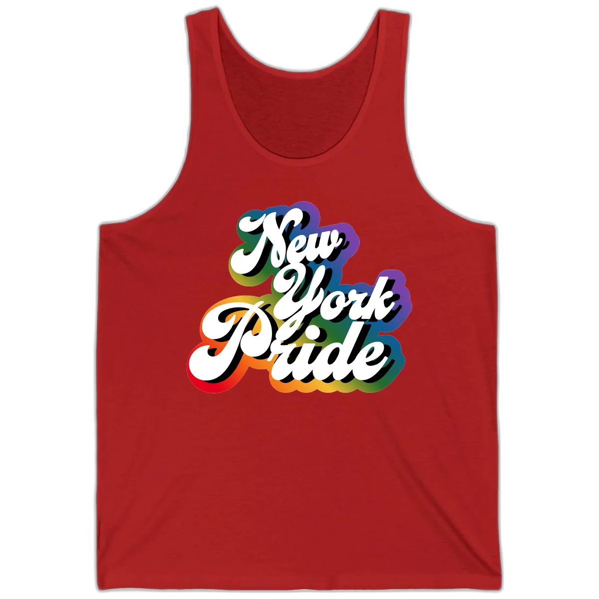 New York Pride retro design with bold white text and rainbow gradient background in pride colors in Red