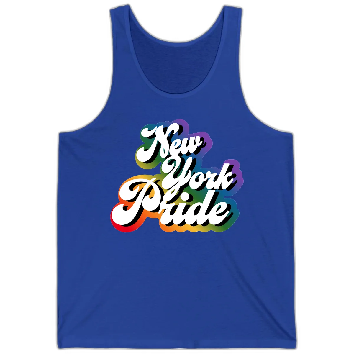 New York Pride retro design with bold white text and rainbow gradient background in pride colors in True Royal
