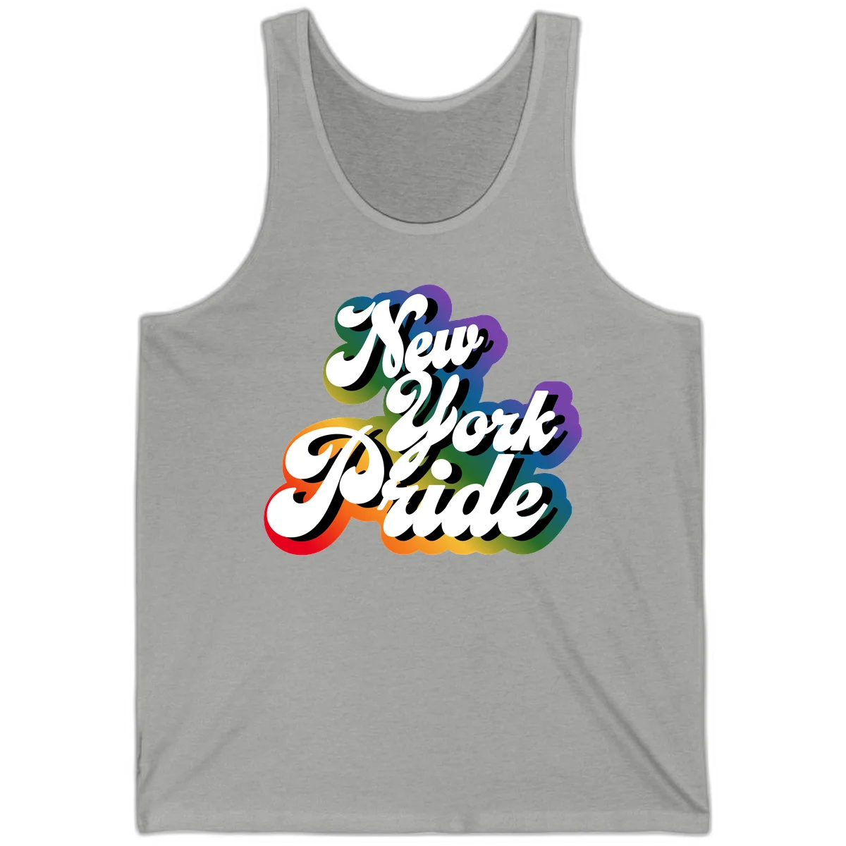 New York Pride retro design with bold white text and rainbow gradient background in pride colors in Athletic Heather