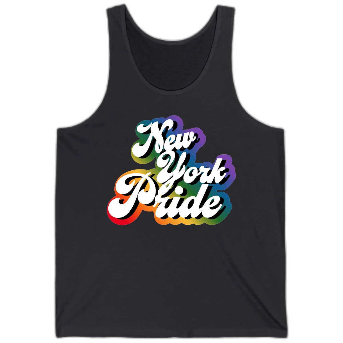 New York Pride retro design with bold white text and rainbow gradient background in pride colors in Dark Grey