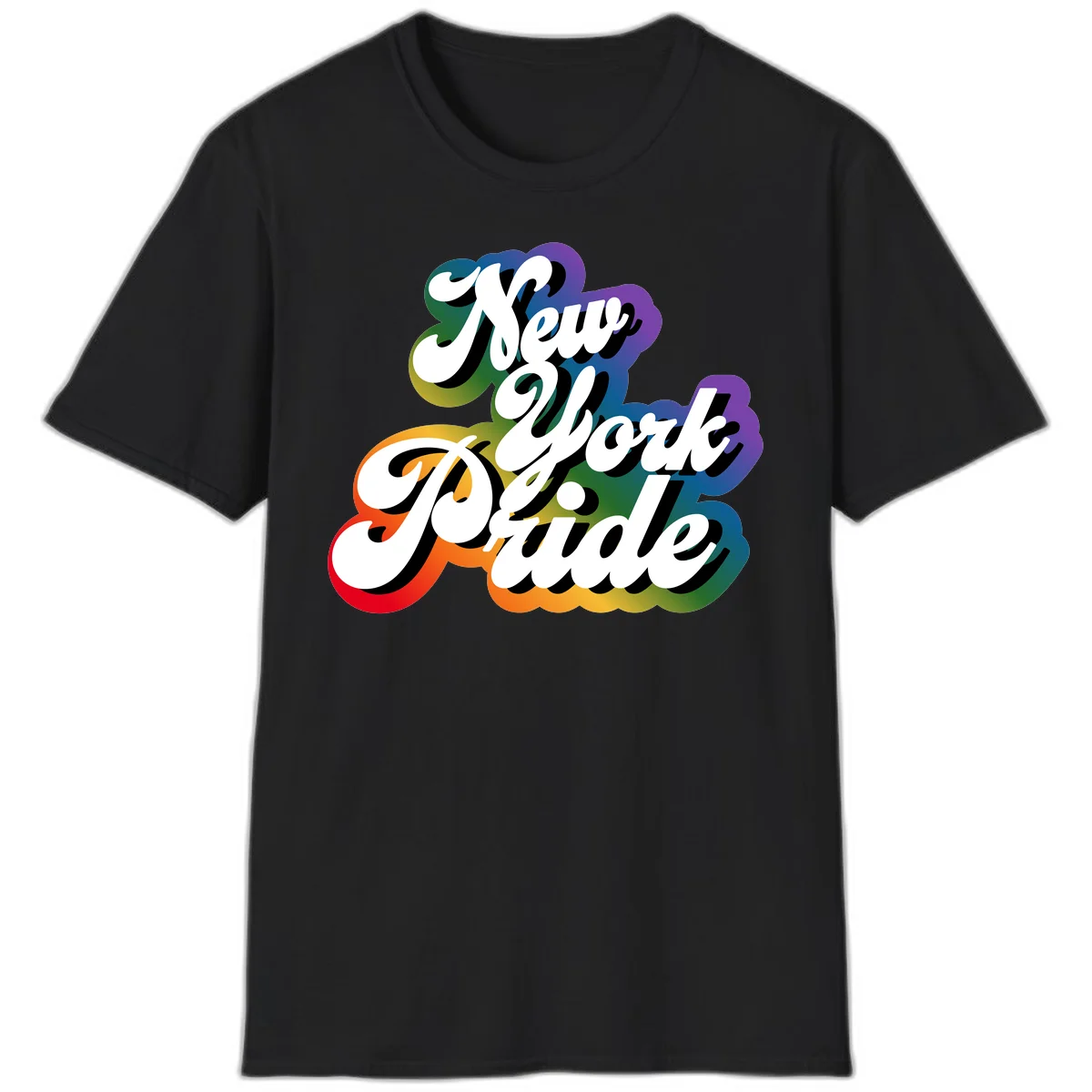 New York Pride retro design with bold white text and rainbow gradient background in pride colors in Black