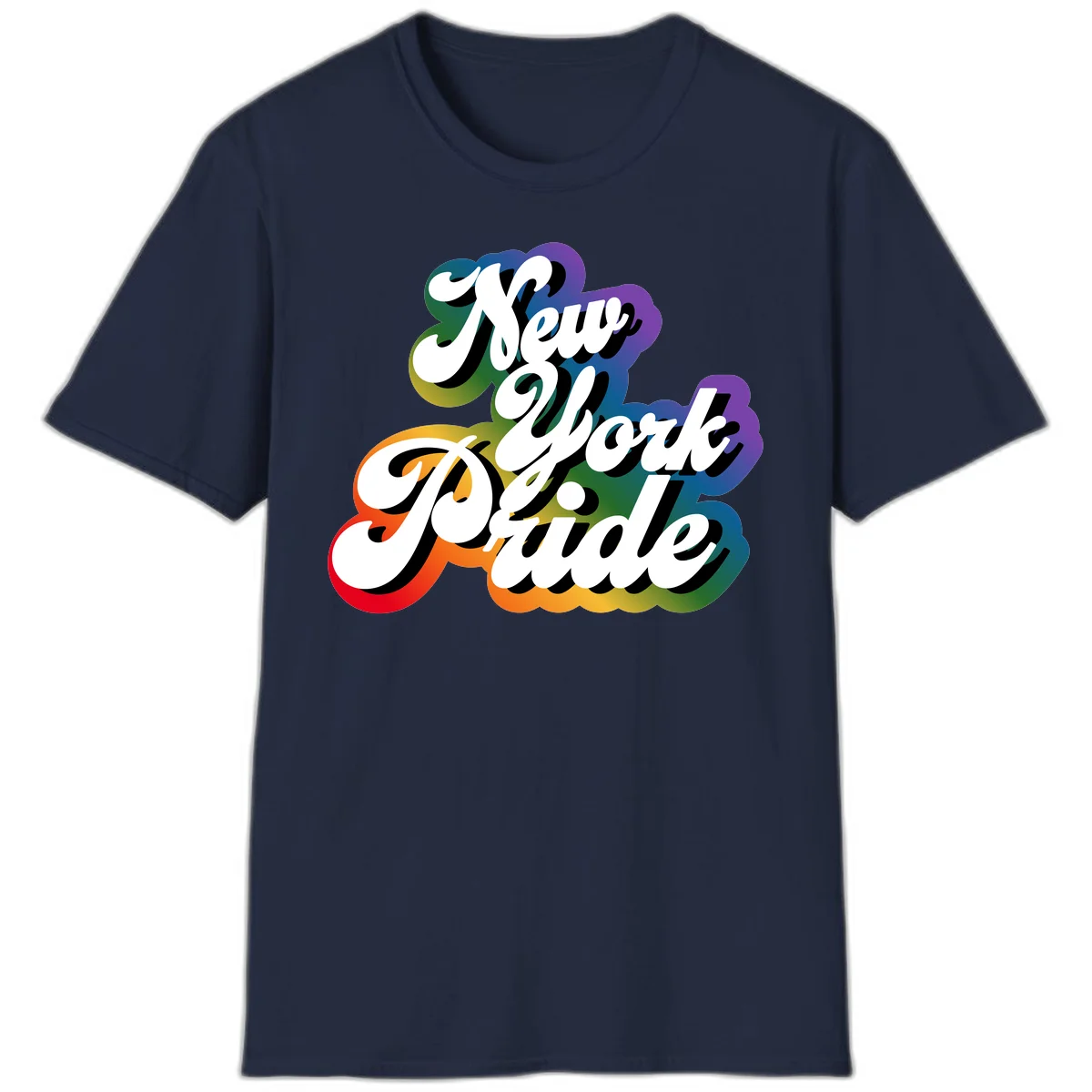 New York Pride retro design with bold white text and rainbow gradient background in pride colors in Navy