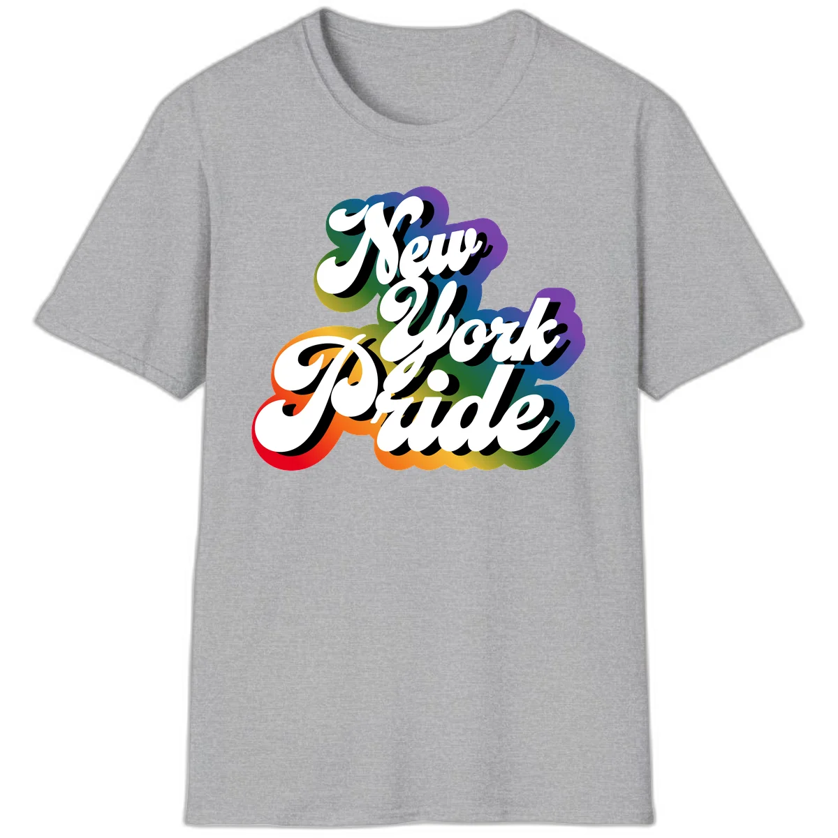 New York Pride retro design with bold white text and rainbow gradient background in pride colors in Sport Grey