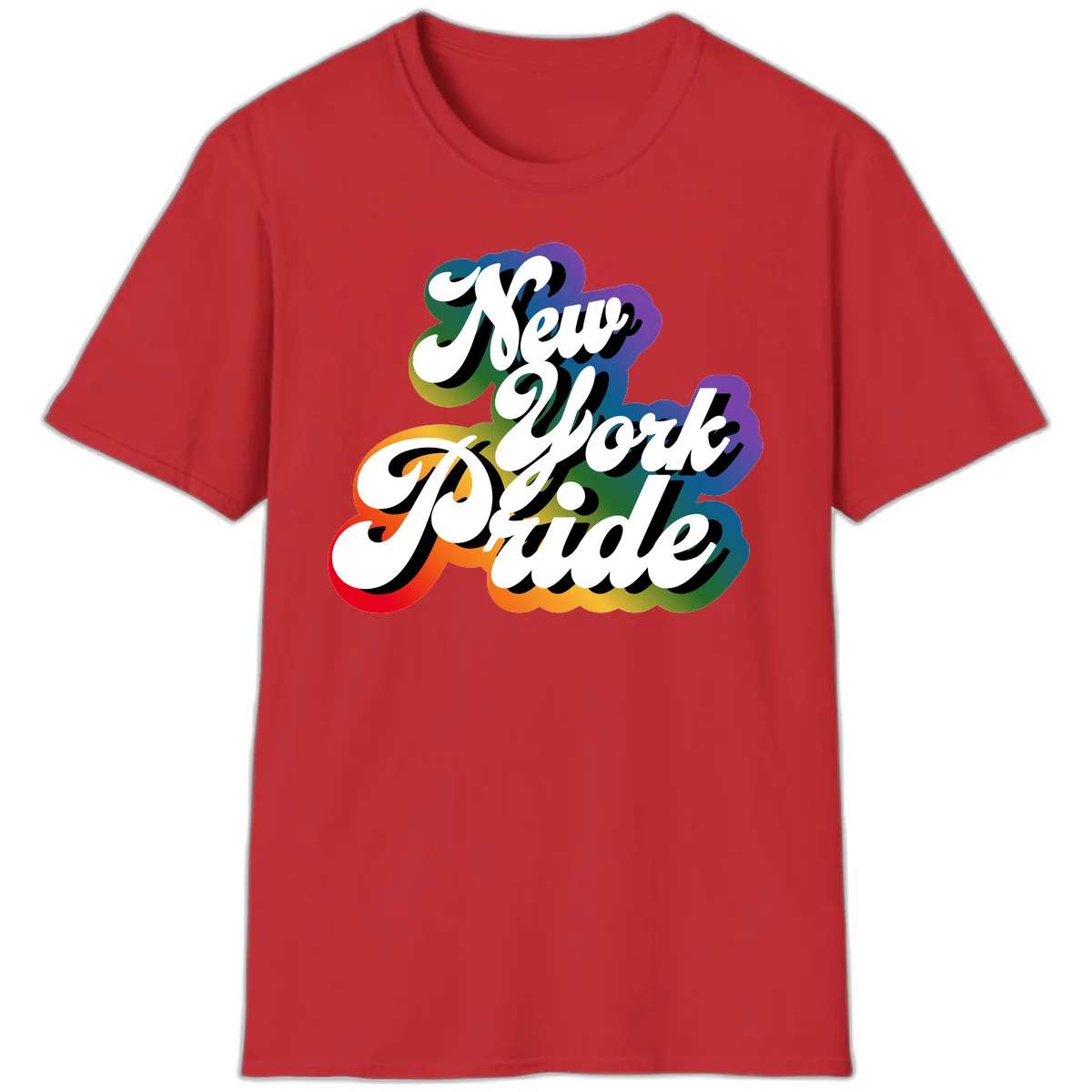 New York Pride retro design with bold white text and rainbow gradient background in pride colors in Red