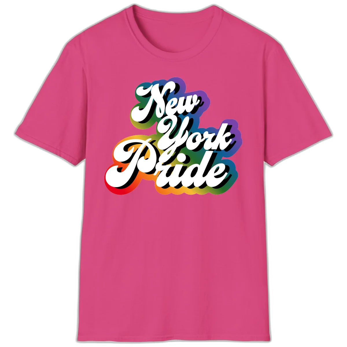 New York Pride retro design with bold white text and rainbow gradient background in pride colors in Heliconia