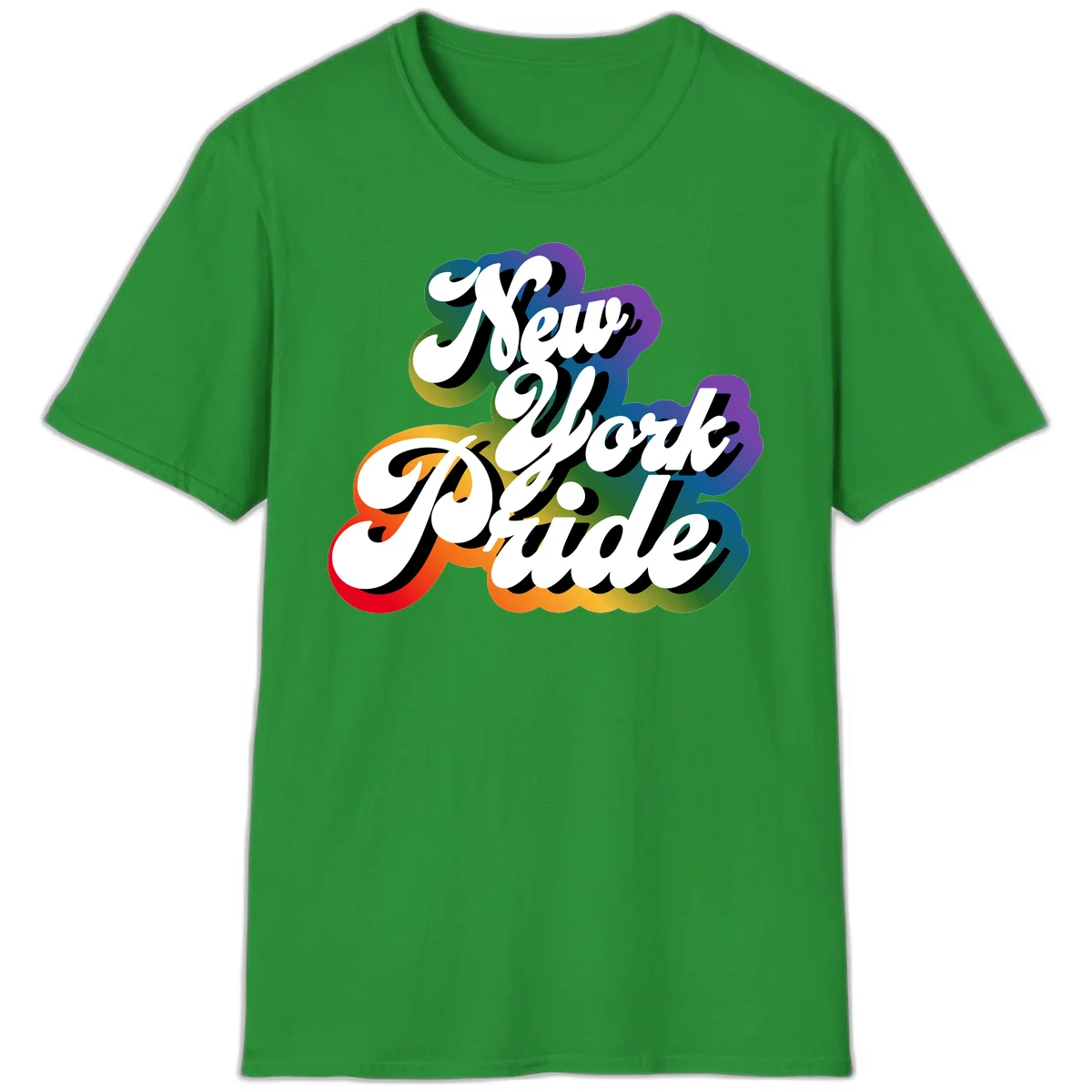 New York Pride retro design with bold white text and rainbow gradient background in pride colors in Irish Green