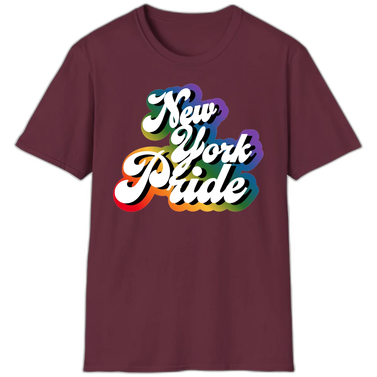 New York Pride retro design with bold white text and rainbow gradient background in pride colors in Maroon