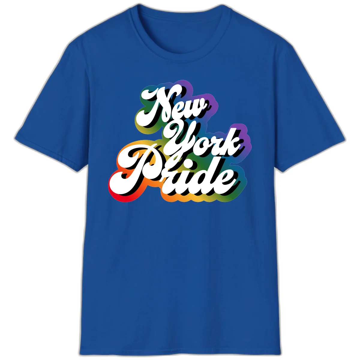 New York Pride retro design with bold white text and rainbow gradient background in pride colors in Royal