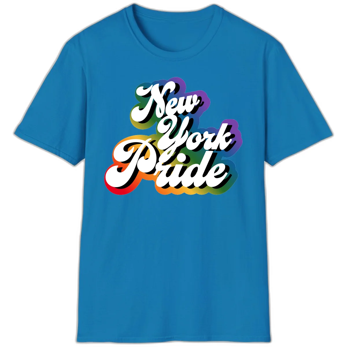 New York Pride retro design with bold white text and rainbow gradient background in pride colors in Sapphire