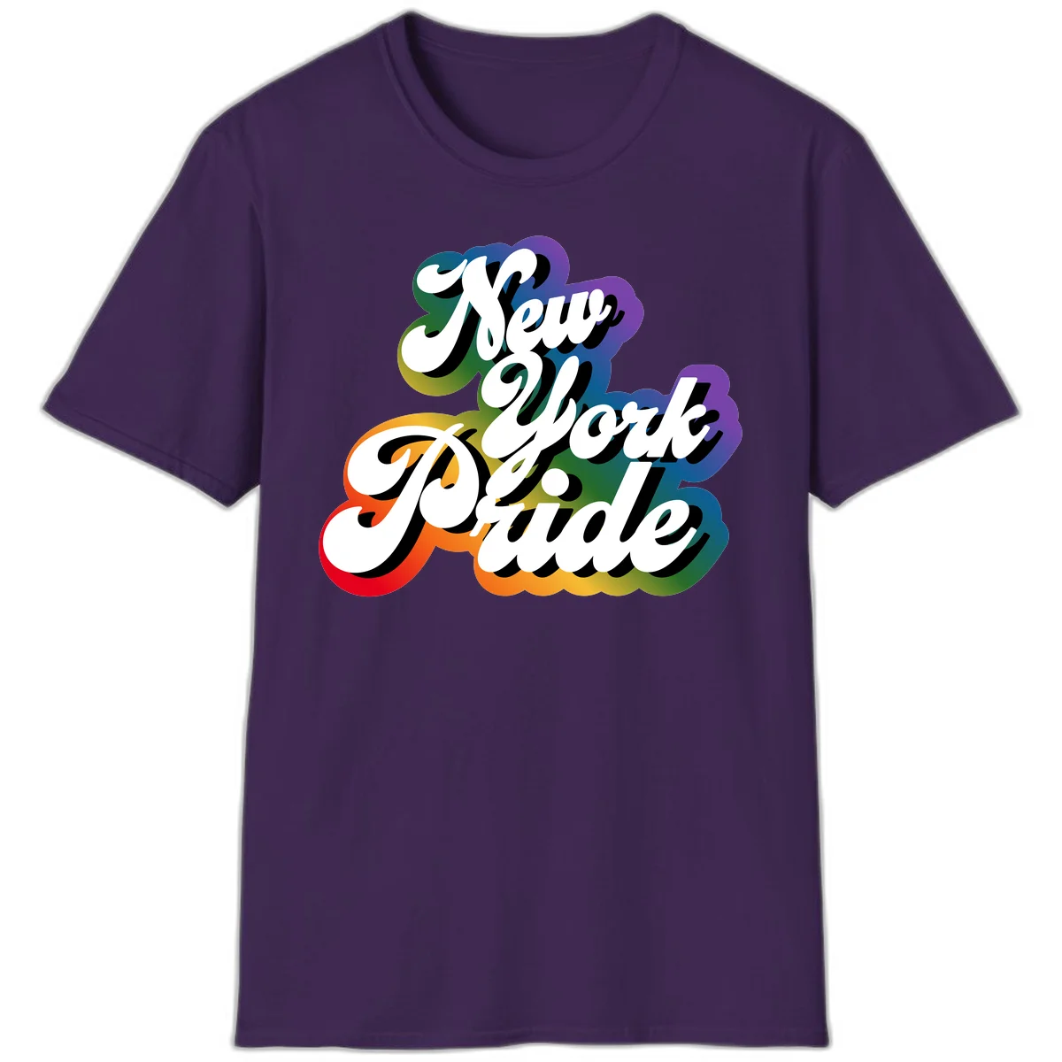 New York Pride retro design with bold white text and rainbow gradient background in pride colors in Purple