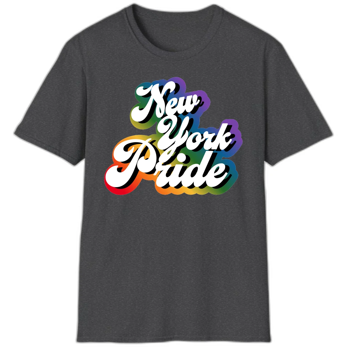 New York Pride retro design with bold white text and rainbow gradient background in pride colors in Dark Heather