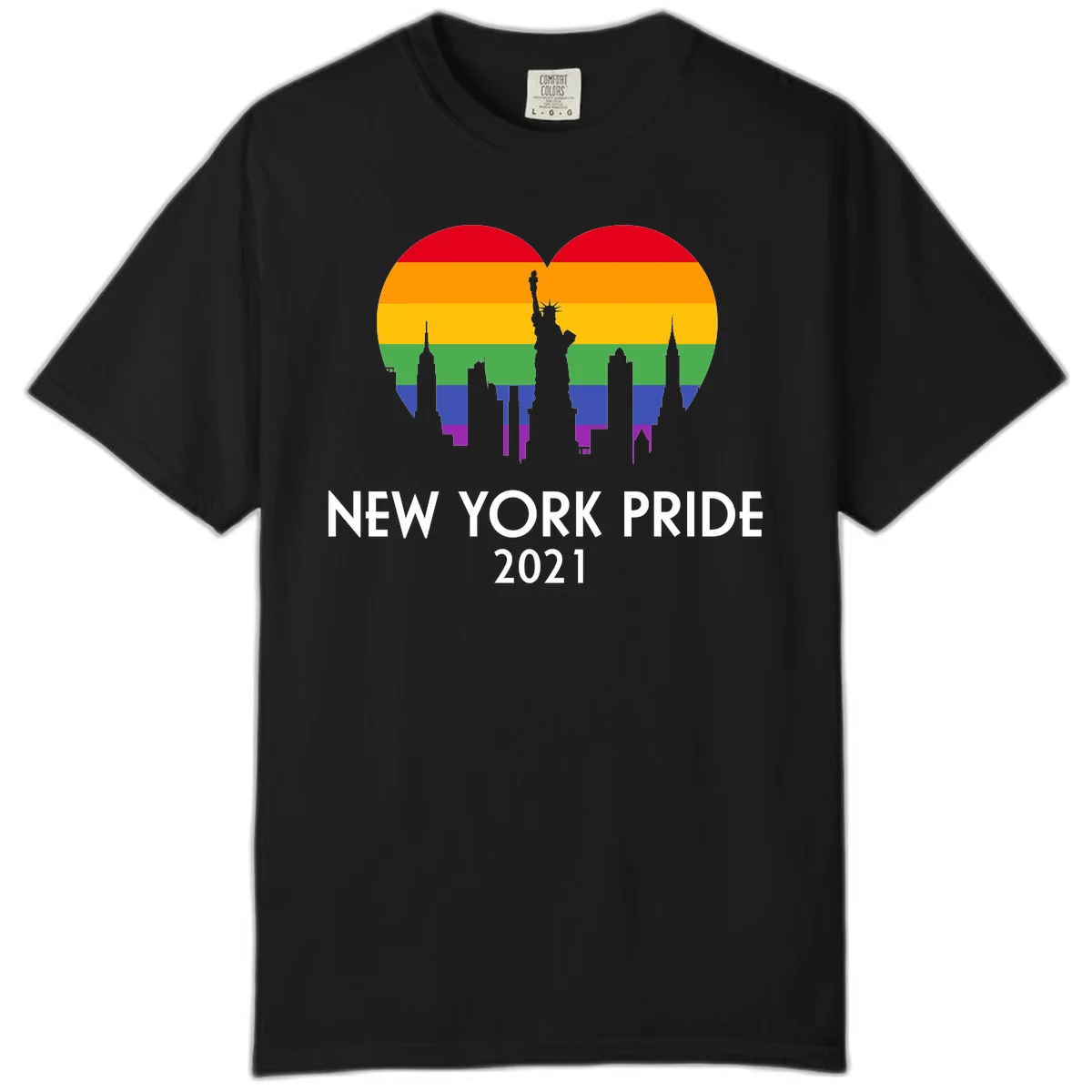 New York Pride 2021 design featuring Statue of Liberty and NYC skyline silhouettes overlaid with rainbow pride flag stripes in Black