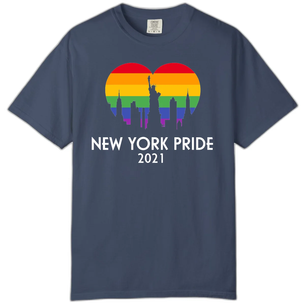 New York Pride 2021 design featuring Statue of Liberty and NYC skyline silhouettes overlaid with rainbow pride flag stripes in Midnight