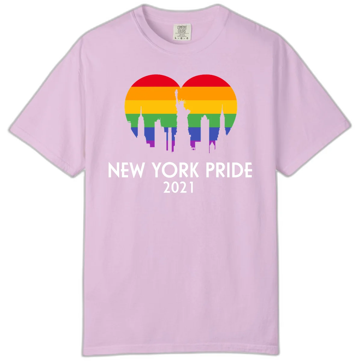 New York Pride 2021 design featuring Statue of Liberty and NYC skyline silhouettes overlaid with rainbow pride flag stripes in Orchid