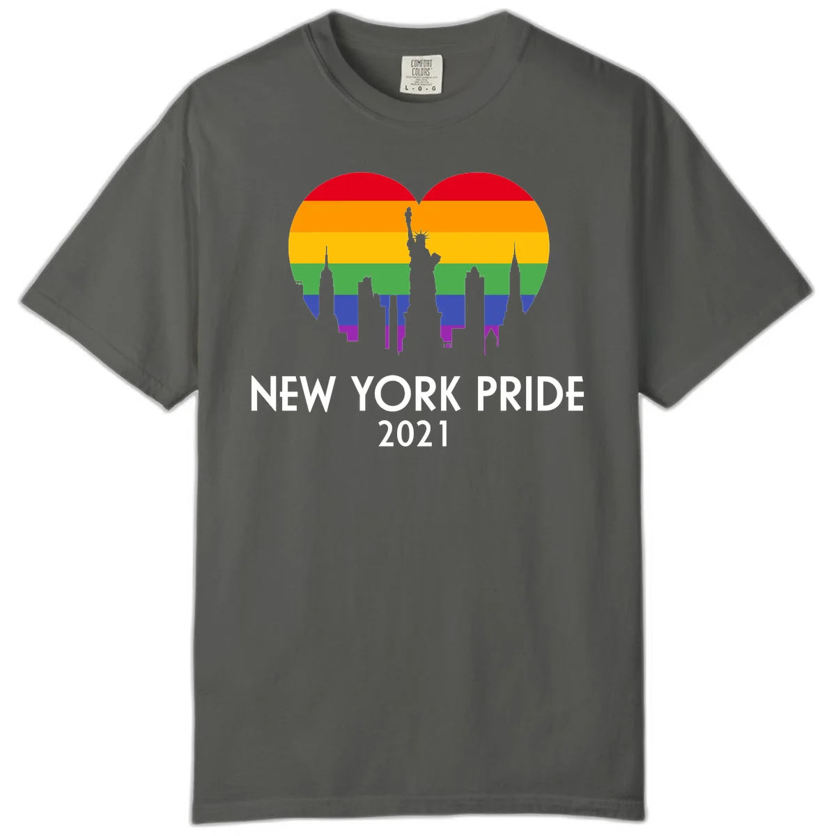 New York Pride 2021 design featuring Statue of Liberty and NYC skyline silhouettes overlaid with rainbow pride flag stripes in Pepper