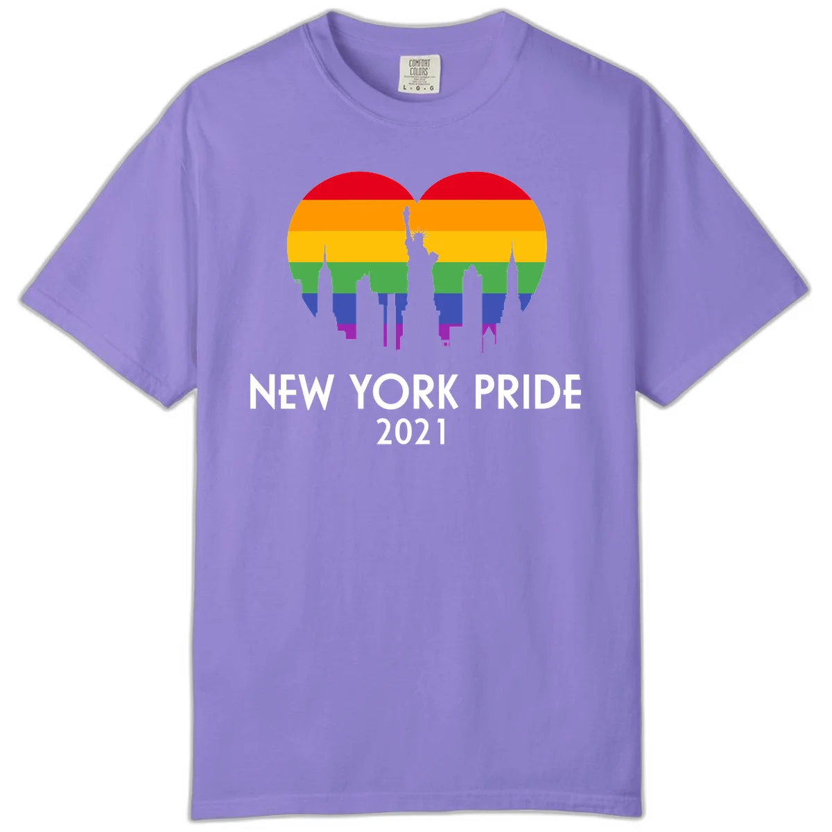 New York Pride 2021 design featuring Statue of Liberty and NYC skyline silhouettes overlaid with rainbow pride flag stripes in Violet