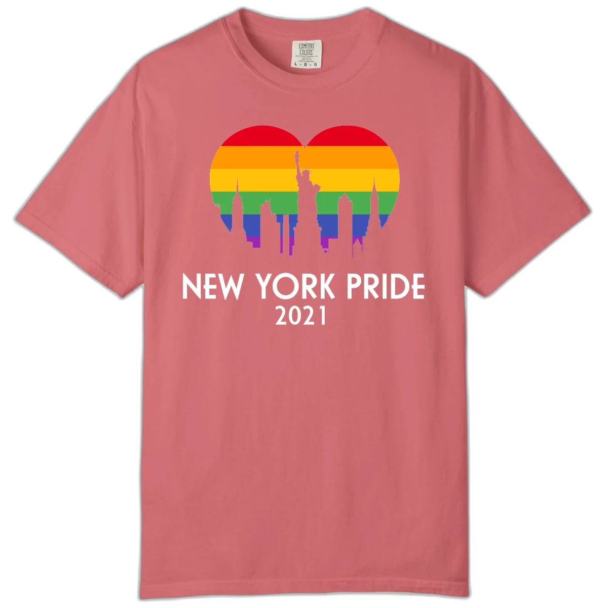 New York Pride 2021 design featuring Statue of Liberty and NYC skyline silhouettes overlaid with rainbow pride flag stripes in Watermelon