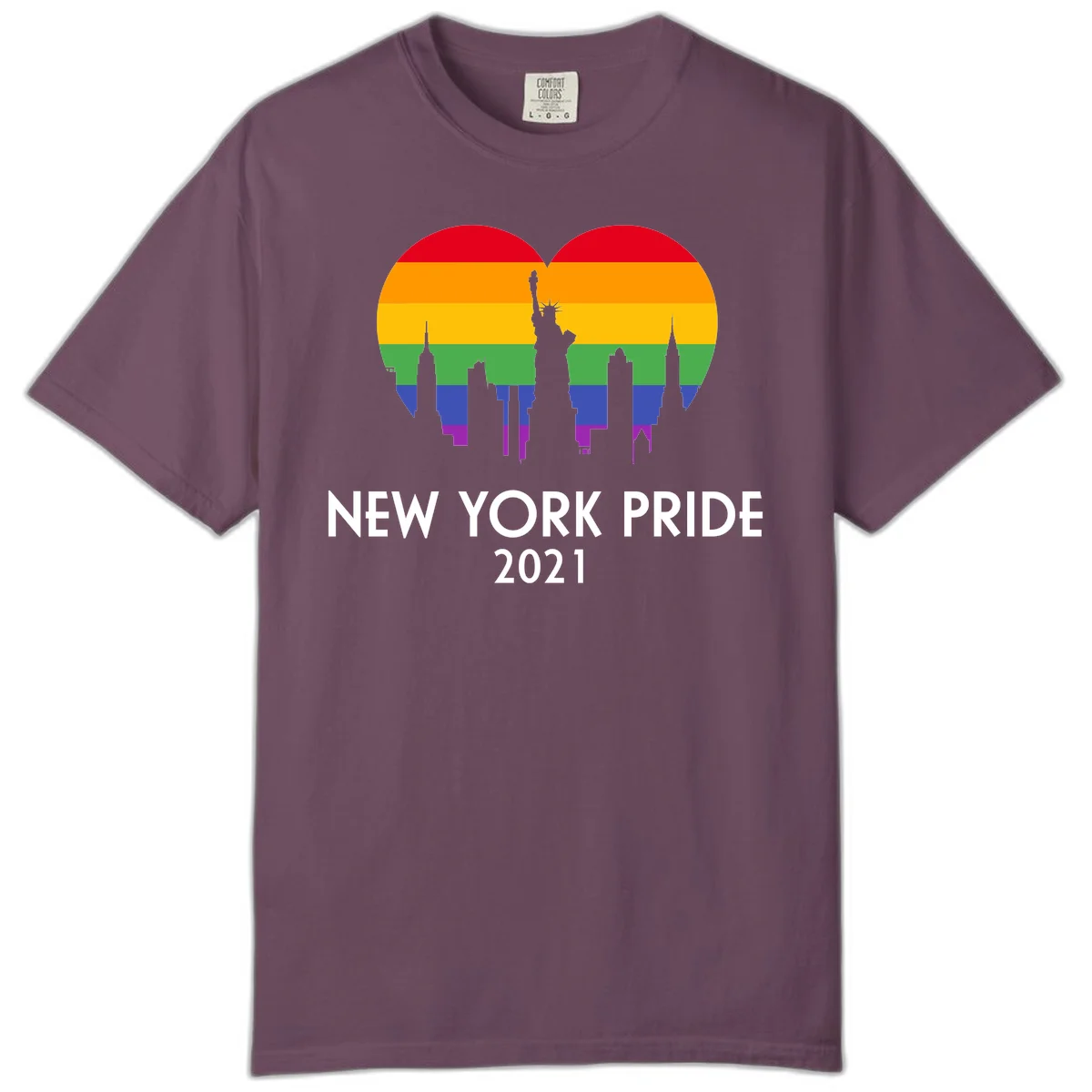 New York Pride 2021 design featuring Statue of Liberty and NYC skyline silhouettes overlaid with rainbow pride flag stripes in Berry