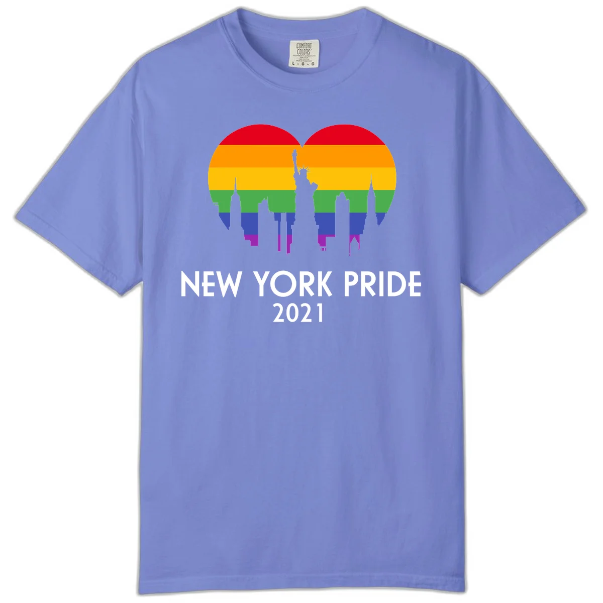 New York Pride 2021 design featuring Statue of Liberty and NYC skyline silhouettes overlaid with rainbow pride flag stripes in Flo Blue