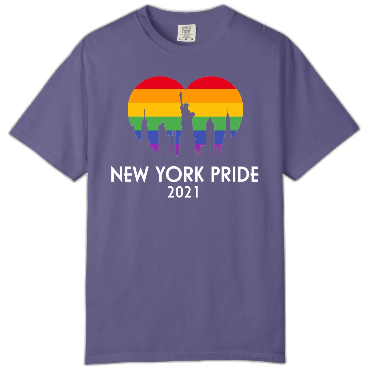 New York Pride 2021 design featuring Statue of Liberty and NYC skyline silhouettes overlaid with rainbow pride flag stripes in Grape