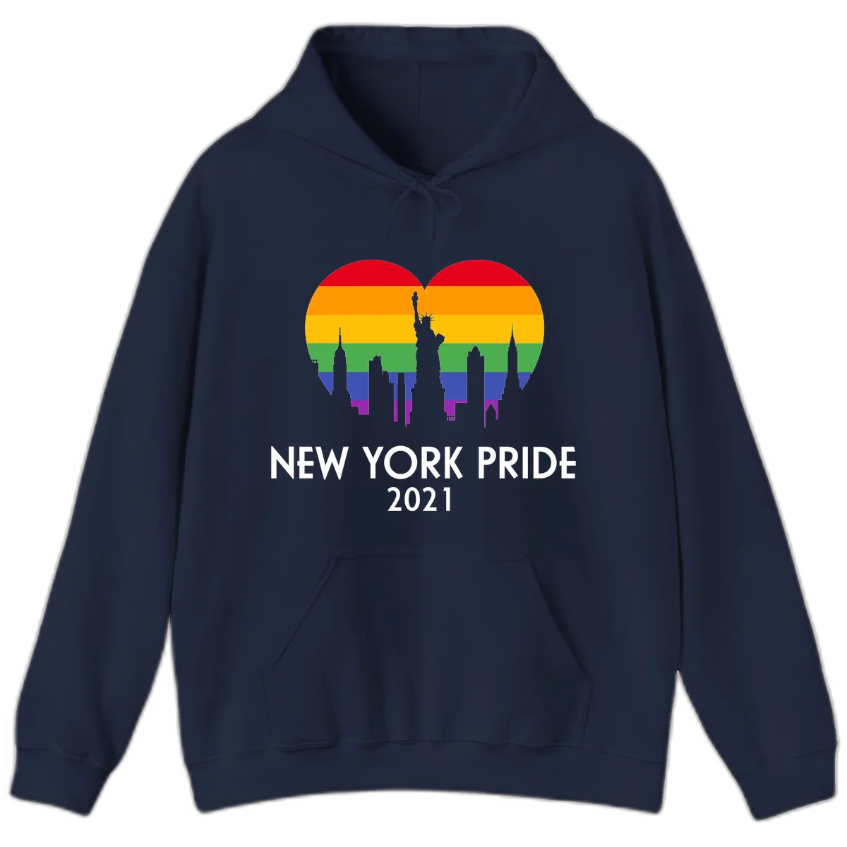 New York Pride 2021 design featuring Statue of Liberty and NYC skyline silhouettes overlaid with rainbow pride flag stripes in Navy