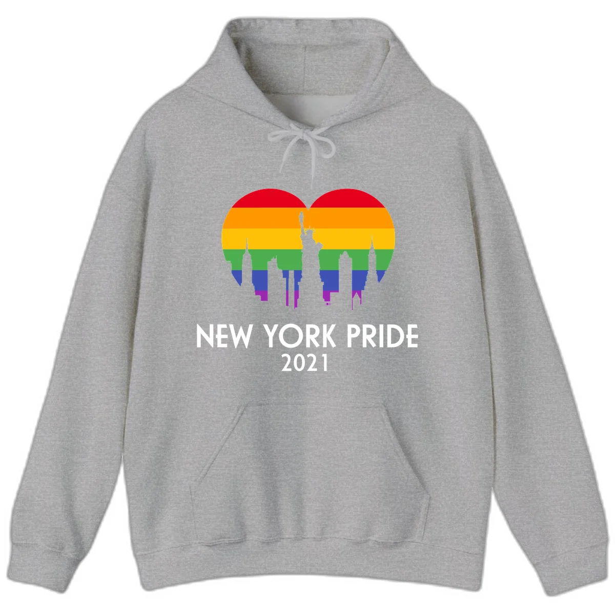 New York Pride 2021 design featuring Statue of Liberty and NYC skyline silhouettes overlaid with rainbow pride flag stripes in Sport Grey